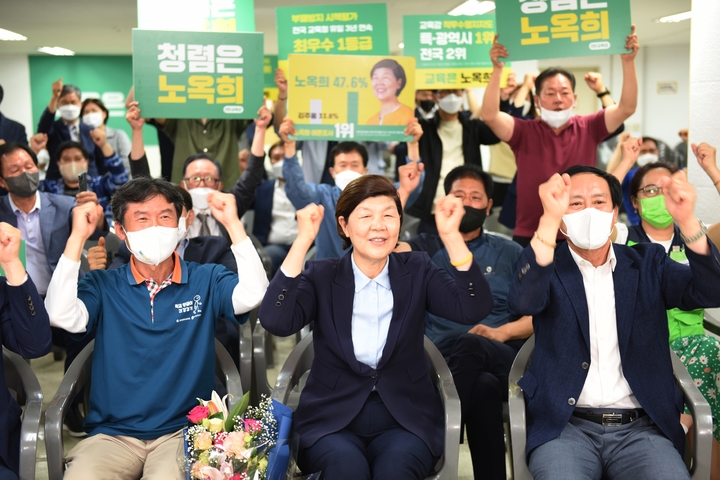 [울산=뉴시스] 구미현 기자 = 노옥희 울산시교육감 후보가 2일 울산 남구 선거캠프에서 제8회 전국동시지방선거 울산시교육감 재선이 유력하자 지지자들과 함께 환호를 하고 있다. 2022.06.02. gorgeouskoo@newsis.com@newsis.com *재판매 및 DB 금지
