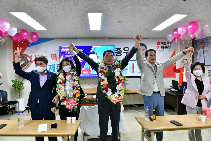 [거제=뉴시스] 신정철 기자= 6·1 전국지방동시선거 경남 거제시장 선거에서 박종우 국민의힘 후보가 당선됐다. 박 당선인이 2일 오전 6시께 후보선거사무소에서 당선환호에 답하고 있다. 2022.06.02. photo@newsis.com *재판매 및 DB 금지