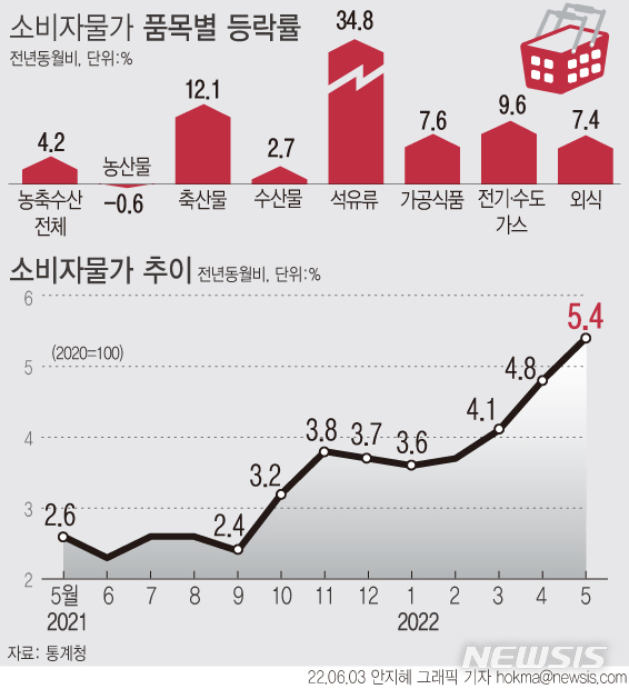 [서울=뉴시스] 지난달 소비자물가가 5.4% 오르며 2008년 9월(5.1%) 이후 13년 9개월 만에 5%대 상승률을 기록했다. 석유류와 가공식품 등 공업제품 가격 오름세가 지속되고 개인서비스 가격도 높은 오름세를 유지했다. (그래픽=안지혜 기자)  hokma@newsis.com