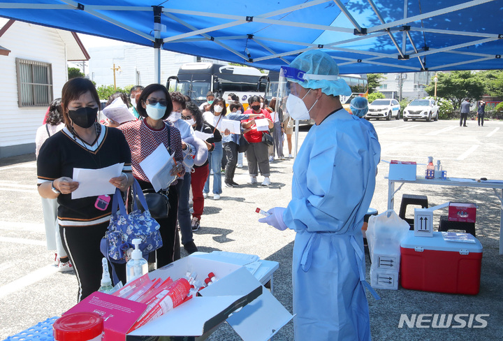 [서귀포=뉴시스] 우장호 기자 = 지난 3일 오후 제주 서귀포시 소재 한 교회에서 제주항공 전세기를 타고온 태국 관광객들의 코로나19 유전자 증폭(PCR) 검사가 진행되고 있다. 이날 제주에 도착한 태국 관광객 178명은 모두 접종 완료자로 PCR 검사 후 나흘간 일정으로 제주 관광을 시작한다. 2022.06.05. woo1223@newsis.com