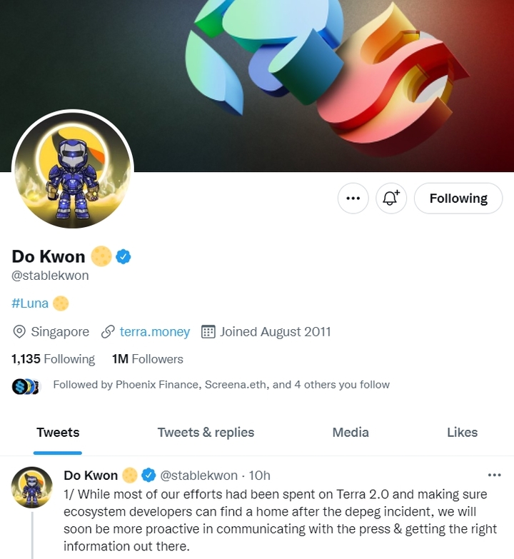 지난달 최악의 폭락 사태를 기록한 루나-테라의 개발사 테라폼랩스의 권도형 대표 트위터 계정 화면.(사진=권도형 트위터 계정 갈무리). 2022.6.10 *재판매 및 DB 금지