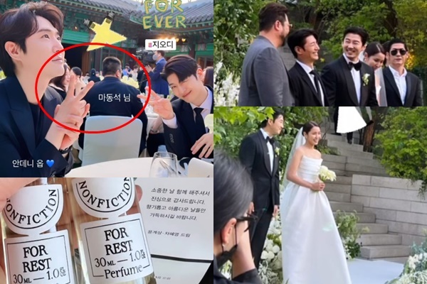 [서울=뉴시스]윤계상 결혼식 참석한 마동석·예정화와 그룹 'god' 멤버들.(사진=SNS) 2022.06.10. photo@newsis.com