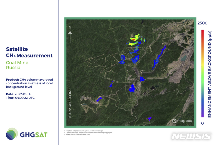 [AP/뉴시스]'지에이치지샛'(GHGSat)의 인공위성이 1월 14일 러시아 시베리아 라스파드스카야 광산에서 포착한 메탄가스 방출. 