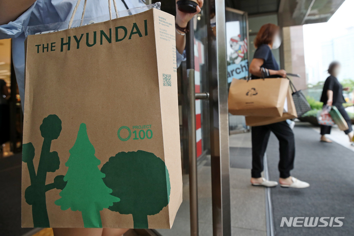 [서울=뉴시스] 서울 시내 현대백화점에서 한 고객이 친환경 쇼핑백을 들고 이동하고 있다. (사진=뉴시스 DB). photo@newsis.com