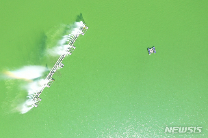 [광주=뉴시스] 류형근 기자 = 20일 오전 광주 도심 대표 공원인 서구 풍암호수공원에 녹조현상이 나타나고 있다. 2022.06.20. hgryu77@newsis.com