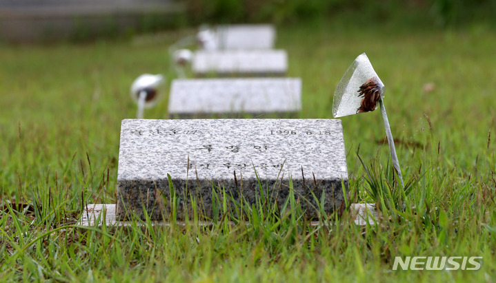 [파주=뉴시스] 추상철 기자 = 21일 경기도 파주시에 위치한 적군묘지에 놓여진 국화꽃이 시들어 있다. 2022.06.24. scchoo@newsis.com