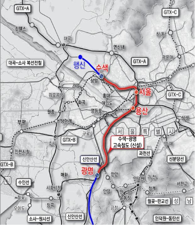 [서울=뉴시스] = 수색~광명 고속철도사업 노선도. (노선도=국토교통부 제공) 2022.06.30. photo@newsis.com *재판매 및 DB 금지