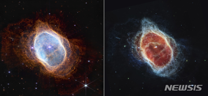 [AP/뉴시스]미국항공우주국(NASA·나사)이 12일(현지시간) 홈페이지를 통해 공개한 제임스웹 우주망원경 촬영 '남쪽 고리 성운(Southern Ring Nebula)'의 모습. 별이 소멸하는 과정에서 방출한 가스와 먼지로 이뤄졌다고 한다. 2022.07.12.