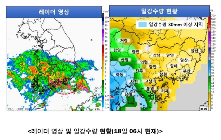 [창원=뉴시스] 강경국 기자 = 18일 오전 6시 현재 기상 레이더 영상 및 일일 강수량 현황. (사진=기상청 제공). 2022.07.18. photo@newsis.com *재판매 및 DB 금지