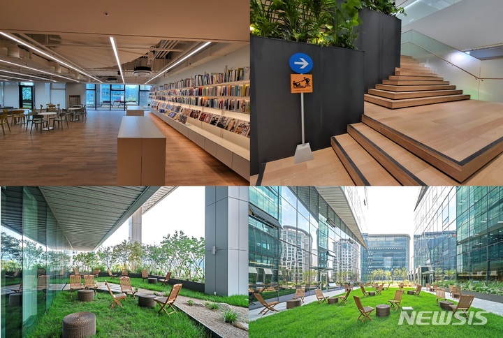 [서울=뉴시스]카카오 판교 오피스에 조성된 소통 공간들. 4층의 북 아지트(라이브러리), 4~5층을 연결하는 커넥팅 스텝, 5층의 옥외 테라스, 2층의 톡 테라스(왼쪽 위부터 시계방향). (사진=윤현성 기자·카카오)
