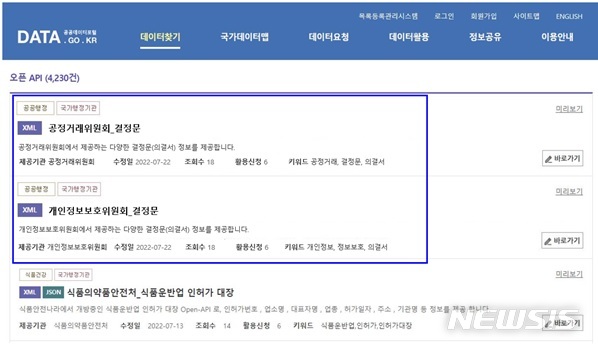 [세종=뉴시스] 공공데이터포털(www.data.go.kr)에서의 위원회 결정문 제공 화면. (자료= 행정안전부 제공) 