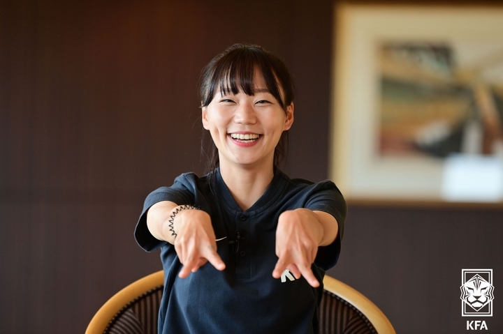 [서울=뉴시스] 정병혁 기자 = 2022 동아시아축구연맹 EAFF E-1 챔피언십(동아시안컵) 한국 여자 축구대표팀 장슬기가 21일 일본 아이치현 힐튼나고야에서 인터뷰 하고 있다. (사진=대한축구협회 제공) 2022.07.21. photo@newsis.com *재판매 및 DB 금지