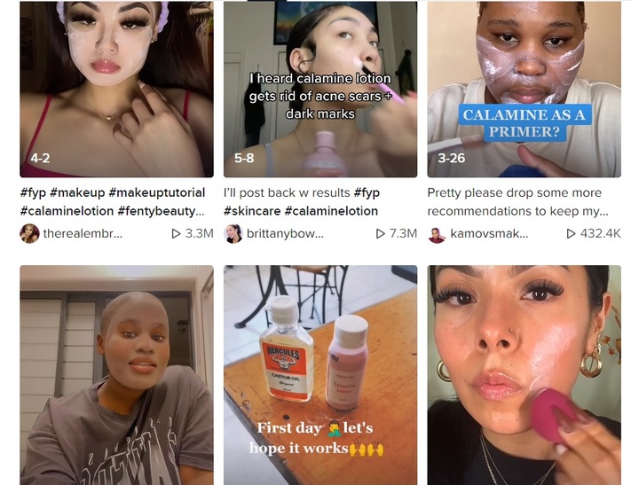 [서울=뉴시스] 틱톡 이용자들 사이에 의외 약품 '칼라민 로션'을 프라이머로 사용하는 것이 유행하고 있다. 전문가들은 칼라민 로션을 남용하는 것이 피부에 안좋은 영향을 줄 수 있다고 경고하고 있다. (사진=틱톡 화면 캡처) 2022.07.25.&nbsp; *재판매 및 DB 금지