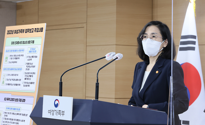 김현숙 여성가족부 장관이 25일 오전 정부서울청사에서 '2022년 새 정부 여성가족부 업무보고' 사전 브리핑을 하고 있다.(제공=여성가족부) *재판매 및 DB 금지