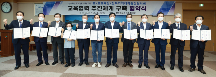 [전주=뉴시스] 25일 전북도청 회의실에서 열린 교육협력 추진체계구축 협약식에 김관영 전북지사, 서거석 교육감, 박맹수 전북지역대학총장협의회장을 비롯한 10여 명의 지역 대학 총장들이 함께 소통과 협치를 통한 교육 협력 추진체계 구축을 위해 화이팅을 외치며 기념촬영을 하고 있다. 2022.07.25 (사진= 전라북도청 제공) *재판매 및 DB 금지