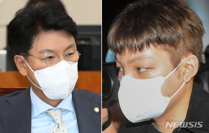 [서울=뉴시스] 장제원 국민의힘 의원이 28일 오전 서울 여의도 국회에서 열린 행정안전위원회 전체회의에 자리하고 있다.오른쪽 사진은 무면허 운전과 음주 측정 거부, 경찰관 폭행 등 혐의로 입건된 장제원 국민의힘 의원의 아들 장용준(21·예명 노엘)이 2021년 9월 30일 서울 서초구 서초경찰서에 출석하는 모습. (공동취재사진) 2022.07.28. photo@newsis.com