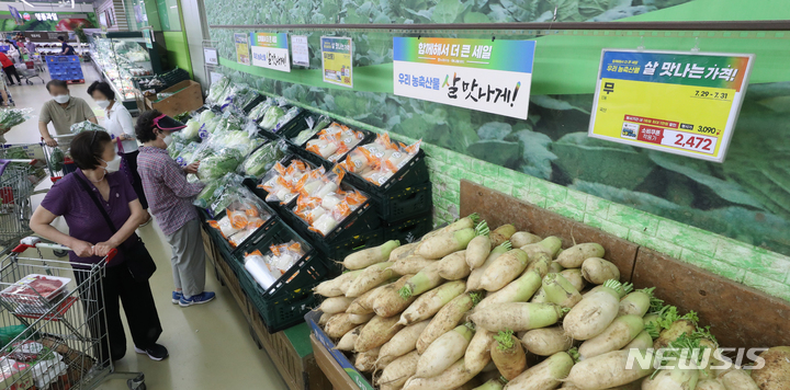 [서울=뉴시스] 김금보 기자 = 서울 서초구 농협유통 하나로마트 양재점에 무와 배추가 진열돼있다. 2022.07.31. kgb@newsis.com