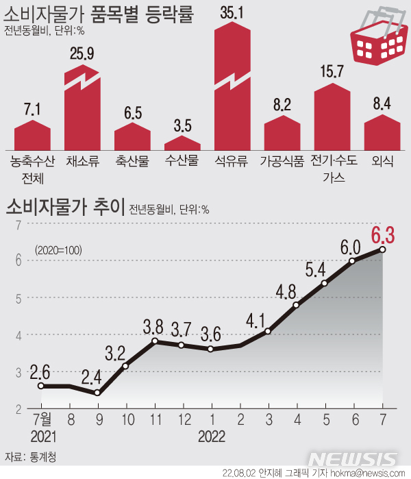 [서울=뉴시스] 7월 물가 상승률이 6.3% 오르며 2개월 연속 6%대 상승률을 기록했다. 석유류와 외식 등 개인서비스 가격 강세가 지속되는 가운데 농축산물 오름 폭도 커졌다. (그래픽=안지혜 기자)  hokma@newsis.com