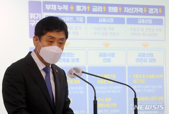 [서울=뉴시스] 배훈식 기자 = 김주현 금융위원장이 8일 오전 서울 종로구 정부서울청사 브리핑실에서 대통령 업무보고 사전 브리핑을 하고 있다. 2022.08.08. dahora83@newsis.com