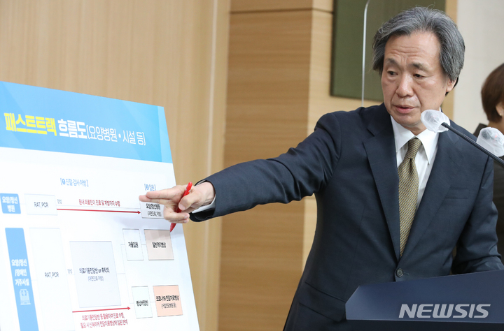 [서울=뉴시스] 김명원 기자 = 정기석 국가감염병위기대응자문위원장이 8일 오전 서울 종로구 정부서울청사 별관에서 제3차 국가감염병위기대응자문위원회 회의결과 설명회를 하고 있다. 2022.08.08. kmx1105@newsis.com