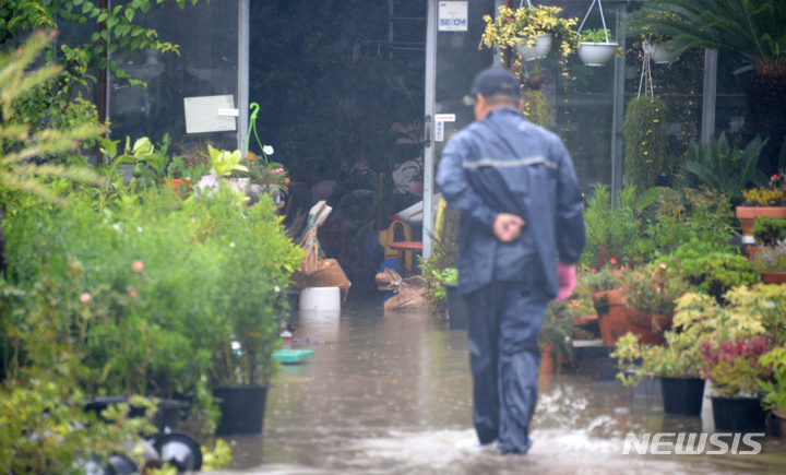 [군산=뉴시스] 김얼 기자 = 전북 군산시 전역에 집중호우가 쏟아져 내린 11일 군산시 수송동 남북로 사거리가 빗물에 잠겨 있다. 2022.08.11. pmkeul@newsis.com