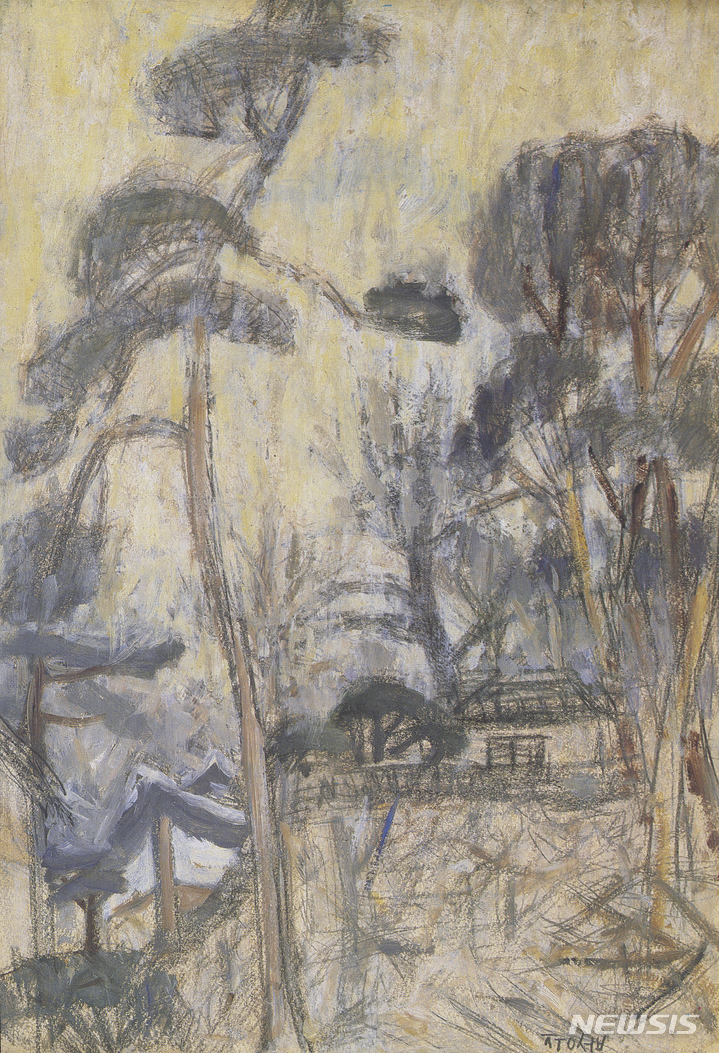 [서울=뉴시스]〈정릉 풍경〉, 1956, 종이에 연필, 유채, 크레용, 43.5×29.3cm. 국립현대미술관 소장.
