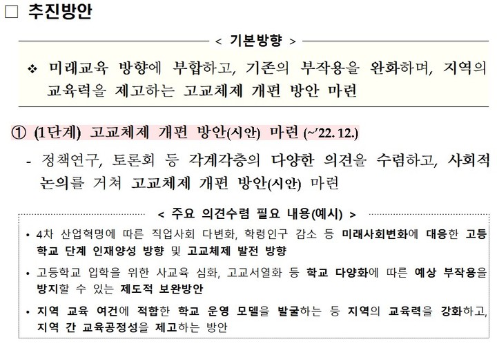 [세종=뉴시스] 교육부는 '미래교육 방향에 부합', '기존의 부작용을 완화', '지역의 교육력 제고' 3가지 방향에서 고교체제 개편에 나서겠다고 국회에 밝혔다. 교육부가 지난 12일 국회 교육위원회 소속 보좌진들에게 제시한 비공개 설명자료 중 고교체제 개편 부분. (자료=정의당 정책위원회 제공). 2022.08.15. photo@newsis.com *재판매 및 DB 금지