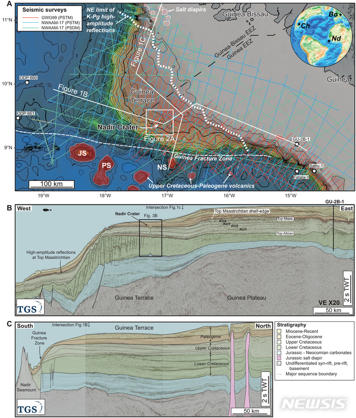 [서울=뉴시스]6600만년전 거대 운석이 지구에 충돌해 공룡시대를 끝낸 사건 흔적 가운데 멕시코 칙술루브 분화구가 대표적으로 꼽힌다. 그러나 비슷한 시기에 아프리카 서부 기니 해안에도 거대 운석이 충돌한 흔적이 발견됐다. (사진출처: 사이언스지) 2022.08.18.