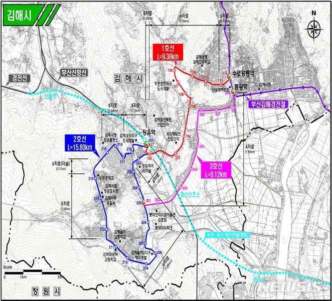 김해 원도심 장유 주촌 연결 트램 노선도