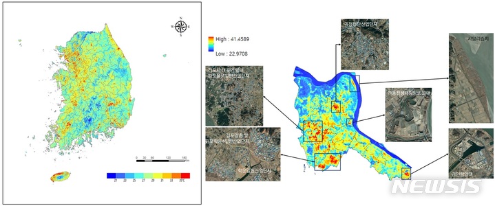 [세종=뉴시스] 전국 여름철 지표온도지도(左)와 김포시의 항공사진 비교 사례(右). (자료= 국립환경과학원 제공) 2022.08.21.  
