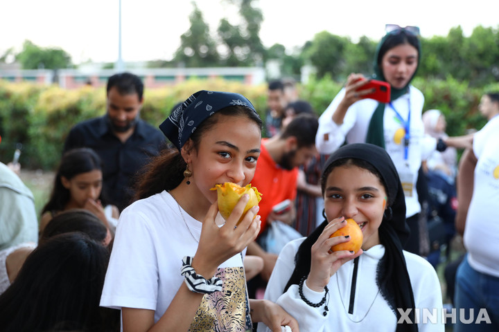  [이스말리아( 이집트)= 신화/뉴시스] 이집트 이스말리아에서 열린 망고축제에 8월19일부터 많은 관광객들과 망고 생산 농가, 거래상 등이 몰려들고 있다.&nbsp; 시식코너에서 망고를 맛보는 어린이들.&nbsp; 