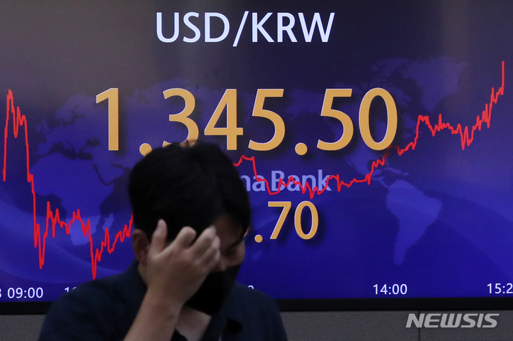 [서울=뉴시스] 조성우 기자 =코스피가 전 거래일(2462.50)보다 27.16포인트(1.10%) 내린 2435.34에 장을 마감한 23일 오후 서울 중구 하나은행 딜링룸 전광판에 지수가 표시돼 있다. 코스닥지수는 전 거래일(795.87)보다 12.45포인트(1.56%) 하락한 783.42에 거래를 종료했다. 원·달러 환율은 전 거래일(1339.8원)보다 5.7원 오른 1345.5원에 마감했다. 2022.08.23. xconfind@newsis.com