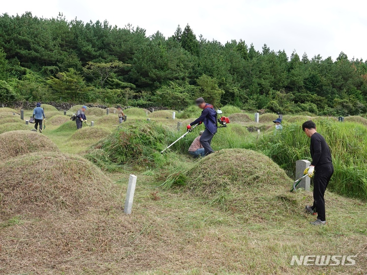 [제주=뉴시스] 오영재 기자 = 제주 서귀포시 남원공설묘지에서 벌초객들이 추석을 앞둔 주말을 맞아 봉분 주변 풀을 제거하고 있다. 2022.08.28. oyj4343@newsis.com