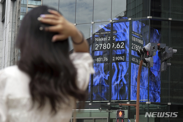 [도쿄=AP/뉴시스]29일 일본 도쿄의 증권사에서 한 시민이 일본 닛케이225 지수를 보여주는 전광판 앞에 서 있다. 제롬 파월 미국 연방준비제도(Fed·연준) 의장이 인플레이션 억제를 위해 당분간 고금리가 계속될 것이라고 밝힌 이후 아시아 증시는 월요일 하락했다. 2022.08.29.