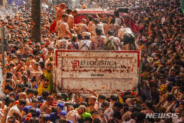 [부뇰=AP/뉴시스] 31일(현지시간) 스페인 발렌시아 부뇰에서 열린 토마토 축제 '라 토마티나'에 참가한 참가자들이 토마토를 던지고 있다. 2022.09.01.