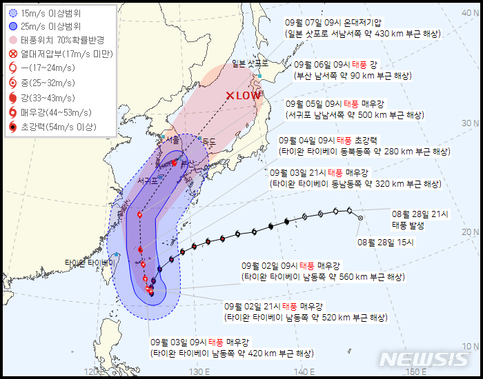 [서울=뉴시스] 2일 기준 태풍 힌남노 이동 경로. (사진=기상청 캡처) .2022.09.02. photo@newsis.com