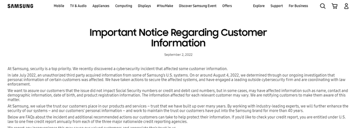 삼성전자는 지난 2일(현지시간) 미국법인 홈페이지를 통해 일부 고객 정보에 영향을 미치는 사이버 보안사고를 발견했다고 밝혔다. (사진=삼성전자 미국법인 홈페이지 캡처) *재판매 및 DB 금지