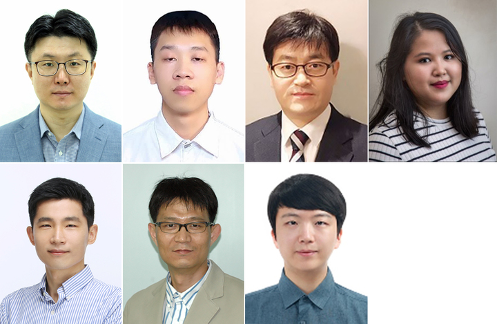 [울산=뉴시스] 위 왼쪽부터 울산대 김정대 교수, 울산대 물리학과 석박사통합과정 웬 후람, 부산대 이재광 교수, 부산대 물리학과 응우옌 프엉 리엔, 서울시립대 장영준 교수, 울산과학대 황영훈 교수, 로렌스버클리 국립연구소 최병기 연구원 *재판매 및 DB 금지