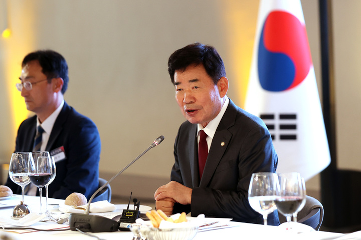 [리스본=뉴시스] 여동준 기자 = 김진표 국회의장이 13일(현지시간) 포르투갈 리스본의 한 호텔에서 열린 재외동포 및 지상사 오찬간담회에서 발언하고 있다. (사진=국회의장실 제공) *재판매 및 DB 금지