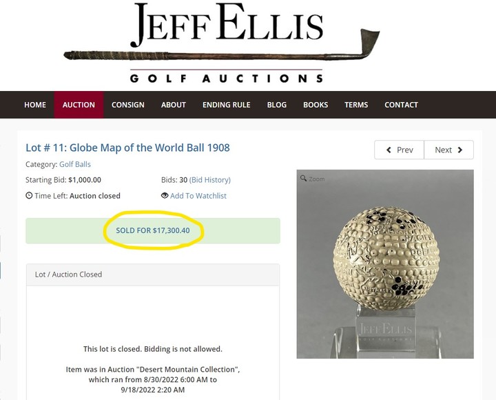 1만7300달러에 낙찰된 골프공 (제프엘리스 홈페이지 갈무리) *재판매 및 DB 금지