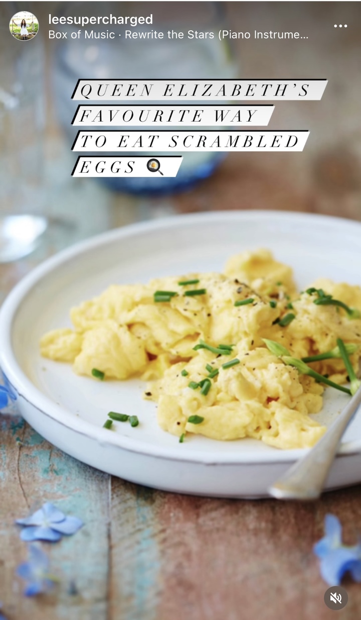 [서울=뉴시스] 영양사인 리 홈즈는 엘리자베스 2세가 생전에 좋아했던 스크램블 에그 레시피를 공개했다. <사진 출처 : Lee Holmes 인스타그램 캡처> 2022.09.20. *재판매 및 DB 금지
