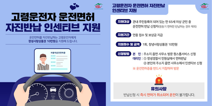 [창녕소식] 고령운전자 운전면허 자진반납 인센티브 지원 등