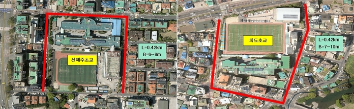 [제주=뉴시스] 이달 중 마무리되는 제주시 신제주초등학교(왼쪽)와 외도초등학교 주변 지중화 구간. (사진=제주시 제공) 2022.09.22. photo@newsis.com *재판매 및 DB 금지