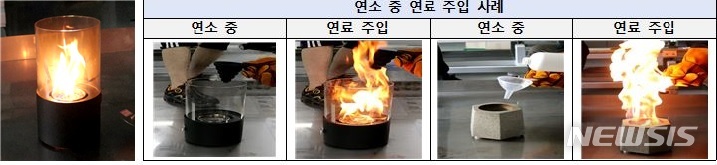 [세종=뉴시스] 화로용 에탄올 제품 및 연소 중 연료 주입 사례. (자료= 소방청 제공) 