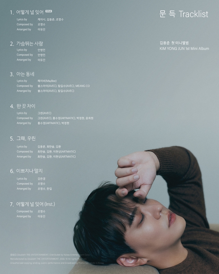 [서울=뉴시스] 김용준 첫 미니 앨범 '문득' 트랙리스트. 2022.09.29. (사진=더블에이치티엔이 제공) photo@newsis.com*재판매 및 DB 금지 *재판매 및 DB 금지