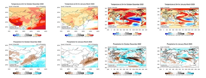 [부산=뉴시스] (왼쪽부터) 6개월 동아시아 계절예측 전망, 전지구 계절예측 전망 (2022년 10월~2023년 3월) 자세한 자료는 APEC 기후센터 홈페이지에서 확인 가능하다. (표=APEC 기후센터 제공) *재판매 및 DB 금지