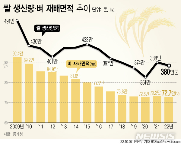 [서울=뉴시스] 7일 통계청에 따르면 올해 국내 쌀 생산량은 380만4000t으로 지난해(382만7000t)와 비교해 2.0% 줄어들 것으로 예상됐다. (그래픽=전진우 기자) 618tue@newsis.com