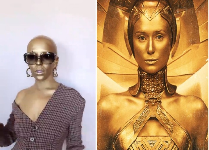 [서울=뉴시스] 미국의 유명 가수 도자 캣(왼쪽)과 영화 '가디언즈 오브 갤럭시'에 나오는 외계 종족인 소버린족(오른쪽). 미국 ABC방송이 7일(현지시간) 보도한 바에 따르면, 도자는 지난 4일 파리에서 개최된 패션쇼에 온몸을 황금색으로 칠한 채 등장했다. (사진출처: 인스타그램 캡처) 2022.10.07. *재판매 및 DB 금지