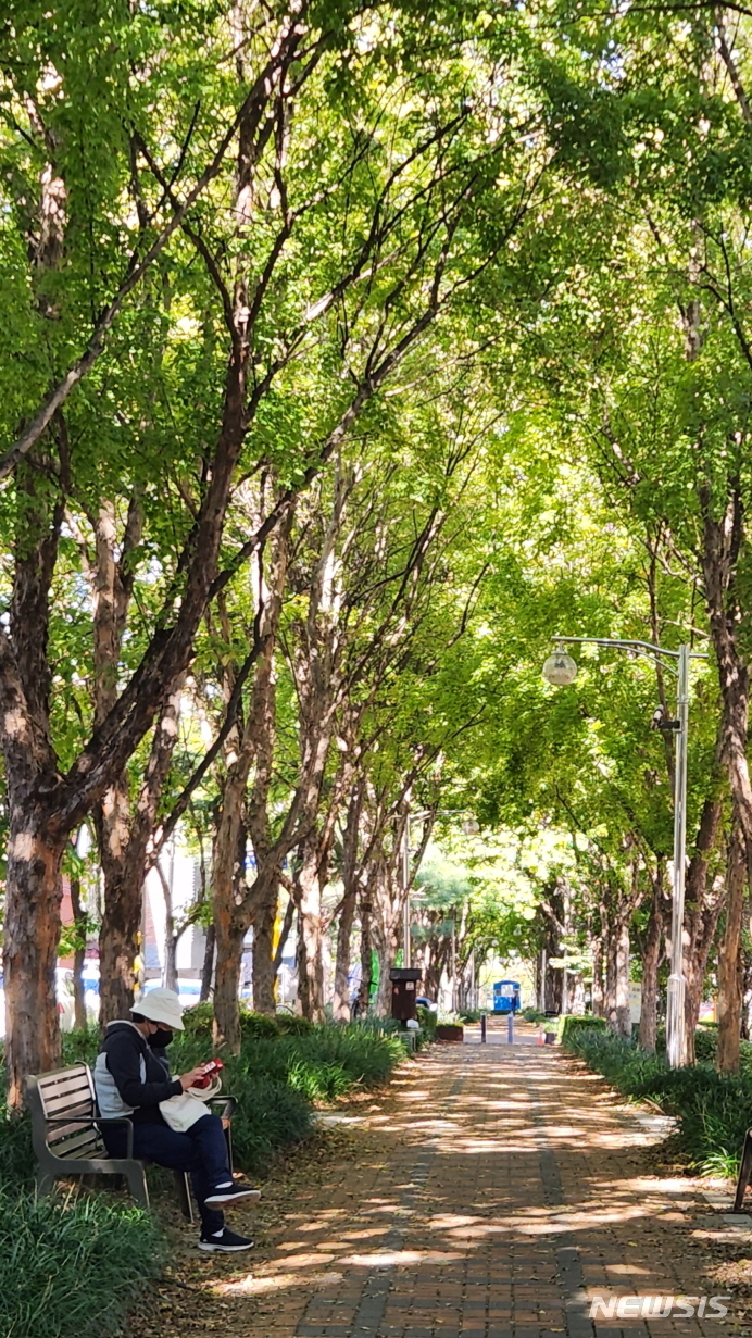 [수원=뉴시스]옛 수인선 철길을 따라 곧게 뻗은 수인선 세류공원.