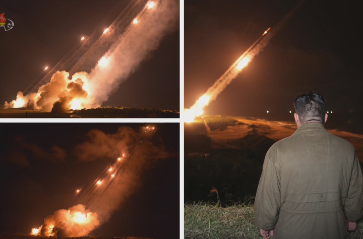 [서울=뉴시스] 조선중앙TV는 김정은 북한 국무위원장이 조선인민군 전선장거리포병구분대들과 공군 비행대들의 화력 타격 훈련을 지도했다고 11일 보도했다. (사진=조선중앙TV 캡처) 2022.10.11. photo@newsis.com *재판매 및 DB 금지